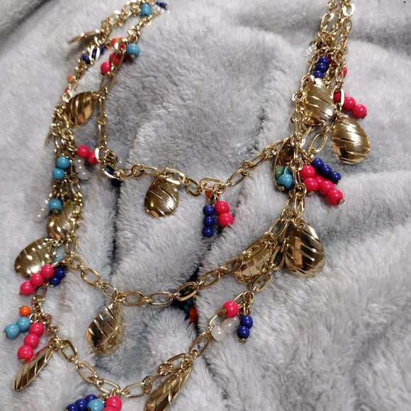 Colorful Gold Chain Charming Necklace Beads Triple Strand Women's Fashion - Picture 4 of 13